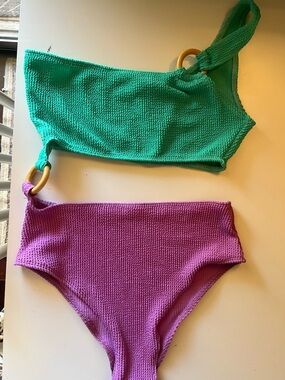 Women’s One-Shoulder Textured Bikini Set in Teal & Magenta - never worn